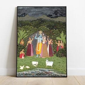 Krishna painting, Radha Krishna wall art, Sri Krishna poster, Indian miniature art