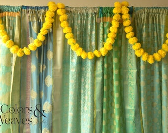 Pastel Blue Brocade Curtain Panel, Sheer Art Silk, Floral Indian Design