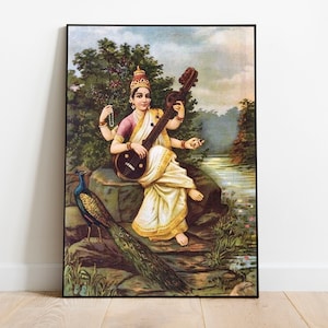 Ma Saraswati painting, Indian goddess of knowledge Saraswathi poster, sacred feminine art, Hindu god poster
