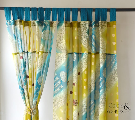 Sheer Curtains Boho Blue and Yellow Curtains Bohemian Decor Etsy