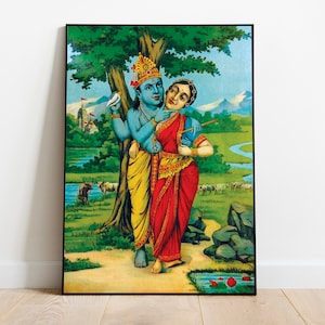 Radha Krishna poster, Chaturbhuj Krishna with Radha Rani in Vrindavan,  Radha Krishna painting, Hare Krishna, Radha Krishna wall art