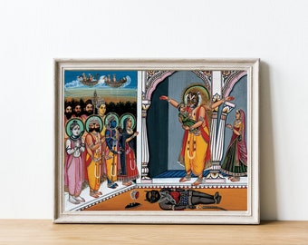 Impresión de arte de Narasimha: Póster vintage hindú de Vishnu Avatar