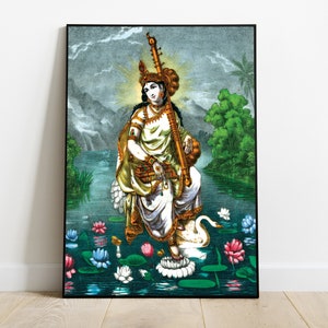 Ma Saraswati poster, Goddess Saraswathi print, Indian goddess of knowledge and learning art, Devi Saraswati art