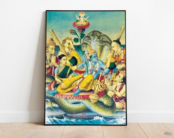 Vishnu and Lakshmi Print: Vintage Hindu God Poster