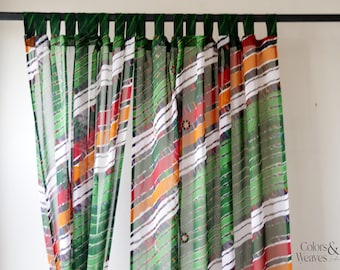 Green Striped Sheer Sari Curtains, Bohemian Window Treatment