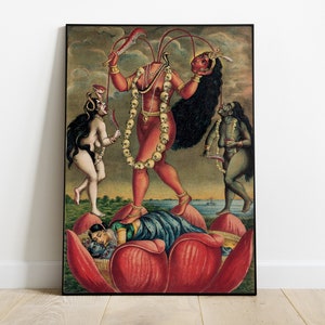 May include: A vintage illustration of a Hindu goddess with multiple arms, standing on a lotus flower. She is depicted with a red body, black hair, and a garland of skulls. The goddess is surrounded by other figures, including a woman with a skull in her hand and a man with a sword.