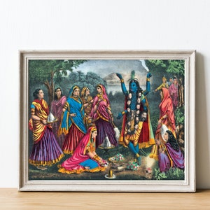 May include: A vintage illustration depicting a blue-skinned deity surrounded by women in colorful saris. The deity is adorned with flowers and jewelry, and the women are offering gifts and performing a ritual.