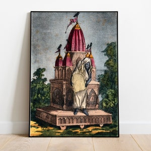 May include: An antique illustration depicting a multi-tiered temple with a figure standing on the top platform. The temple is adorned with intricate details and has a red roof. The figure is wearing a white garment and holding a round object.