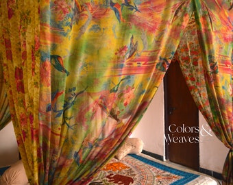 Boho Bird Print Canopy, Floral Sari Fabric, Custom Size