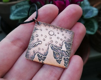 Mountains Pendant, Celestial Necklace, Etched Copper Jewelry, Unique Nature Lover Gift, Rustic Boho Jewellery, Unisex Present, Patina Metal