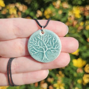 Handmade Ceramic Tree of Life Necklace: Teal Blue Boho Pendant
