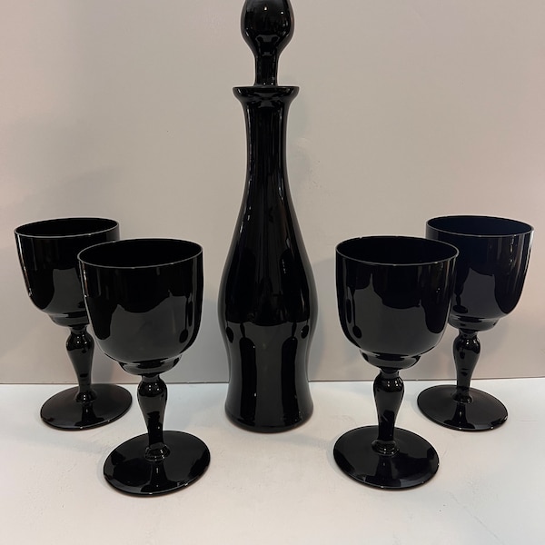 Hand Blown True Black glass decanter set