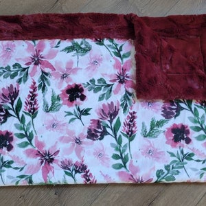 Minky baby blanket winter floral, baby girl flower blanket, burgandy rose baby blanket, burgundy and greens, roses, merlot image 1