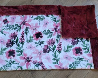 Minky baby blanket winter floral, baby girl flower blanket, burgandy rose baby blanket,  burgundy and greens, roses, merlot