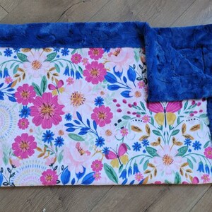 Minky baby blanket summer floral, baby girl flower blanket, bold floral baby blanket, pink and blue floral blanket, butterfly blanket
