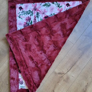 Minky baby blanket winter floral, baby girl flower blanket, burgandy rose baby blanket, burgundy and greens, roses, merlot image 4