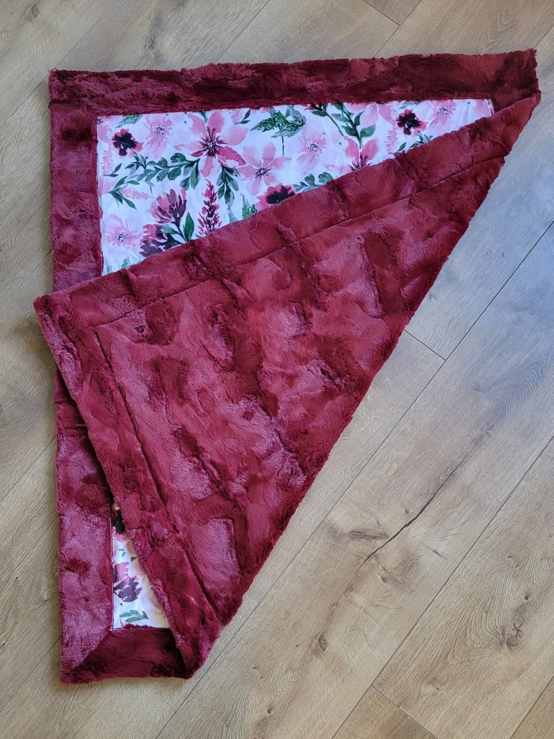 Minky baby blanket winter floral, baby girl flower blanket, burgandy rose baby blanket, burgundy and greens, roses, merlot image 4