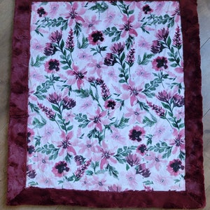 Minky baby blanket winter floral, baby girl flower blanket, burgandy rose baby blanket, burgundy and greens, roses, merlot image 3