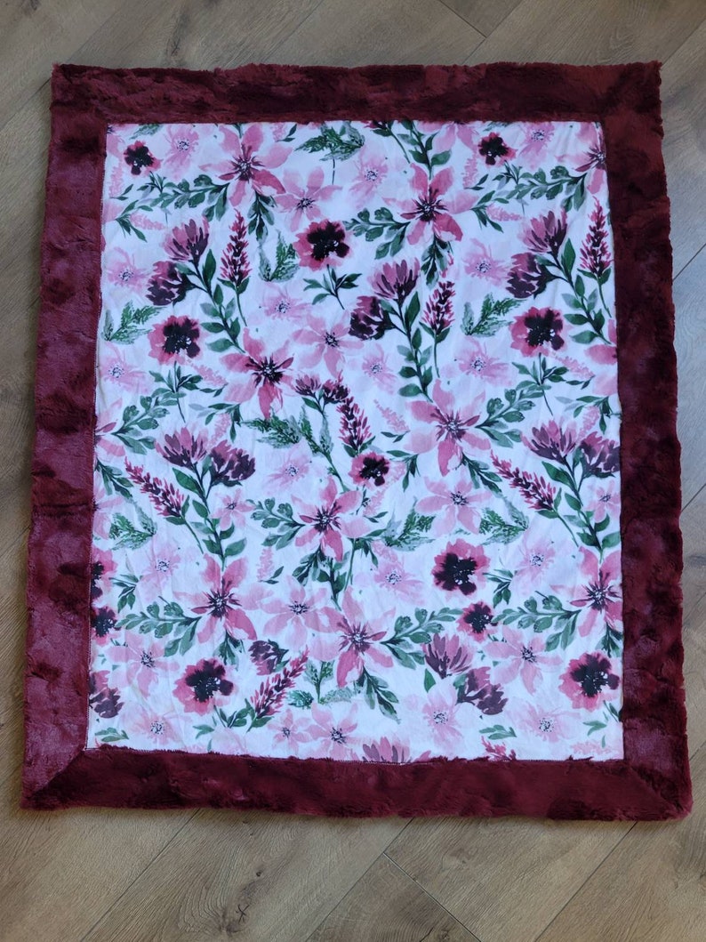 Minky baby blanket winter floral, baby girl flower blanket, burgandy rose baby blanket, burgundy and greens, roses, merlot image 3