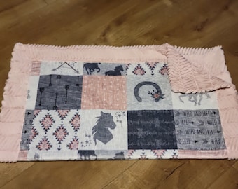 Pink boho horses minky, Minky baby blanket, baby girl blanket, baby blanket with border, wild and free, horse blanket, pink black and white