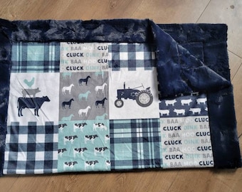 Minky baby blanket, baby boy blanket, minky quilt, farm nursery decor, moo cluck baa, cow blanket, navy, green, farm animals, farm boy