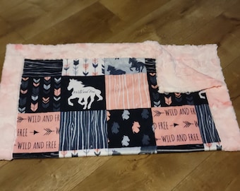 Pink horses minky, Minky baby blanket, baby girl blanket, baby blanket with border, wild and free, horse blanket, pink black and white