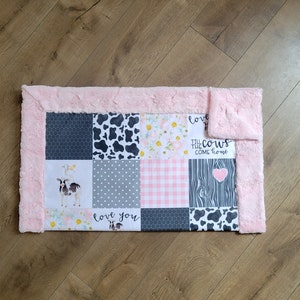 Minky baby blanket, baby girl blanket, minky quilt, baby blanket with border, love you til the cows home, cow blanket, pink black and white