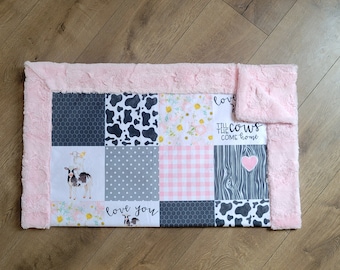 Minky baby blanket, baby girl blanket, minky quilt, baby blanket with border, love you til the cows home, cow blanket, pink black and white