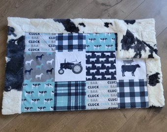 Minky baby blanket cow, tractor blanket, farm blanket, farm nursery decor, moo cluck baa, cow blanket, navy, green, black, white, farm boy