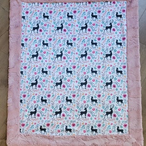 Minky baby blanket girl, girl deer blanket, pink deer quilt, boho deer, antler decor, pink fawn blanket, pink and white, fawn blanket image 8
