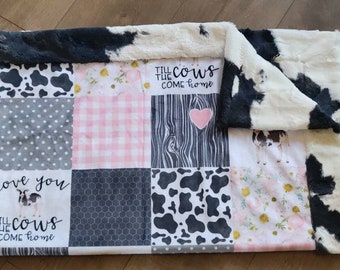 Minky baby blanket girl, pink farm cow quilt, baby blanket with border, love you til the cows home, cow blanket, pink black and white