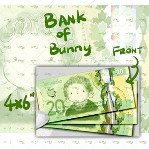 Coelho super rico, coelho do banco, nota de 20 dólares canadenses, impressão artística LilacBunny, cartão postal de coelho