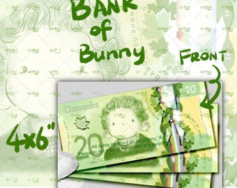 Conejito súper rico, conejito del banco, billete de 20 dólares canadienses, impresión de arte LilacBunny, postal de conejito