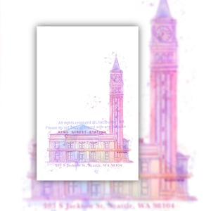 Seattle King Street Station, Train Station, watercolor postcard, LilacBunny Art Printing