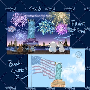 Saudações da cidade de Nova York, noite de fogos de artifício, estátua da Liberdade, Dia da Independência, cartão postal do coelho, arte LilacBunny, cartão postal de Nova York