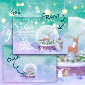 Boule à neige avec cerf, voeux d'hiver, MaoMao et DoDo, impression d'art LilacBunny, carte postale de lapin de neige