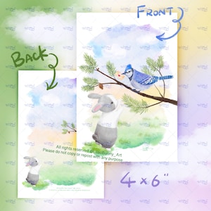 Conejito con arrendajo azul, pájaro con carta de amor, postal con impresión artística de LilacBunny