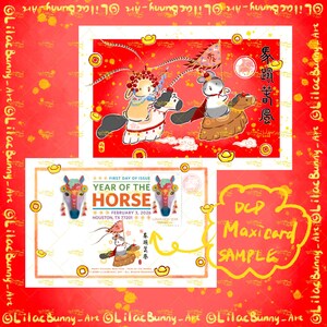 Happy Chinese New Year, Jahr des Pferdes, DIY Maxicard, LilacBunny Kunstdruck, Hase Postkarte, 马踏mai