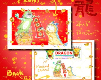 Joyeux nouvel an chinois, année des Loong, année du dragon, lapin avec un pyjama dragon, impression d'art LilacBunny, carte postale de lapin,