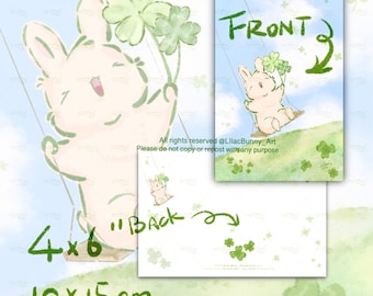 Lucky Shamrock, Bunny Swing Shamrock Land, LilacBunny Art Print, Bunny Postcard, postcrossing