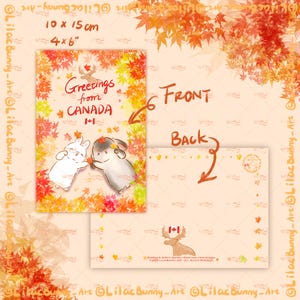 MaoMao & DoDo' Travel postcard, Greetings from Canada, maples and Moose, Autumn Fall, LilacBunny Art Print, DIY Maxicard blank card