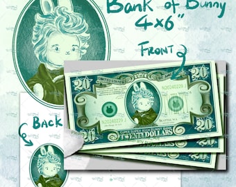 Super Rich Bunny, Bank of Bunny, biljet van 20 dollar, LilacBunny Art Print, Bunny briefkaart