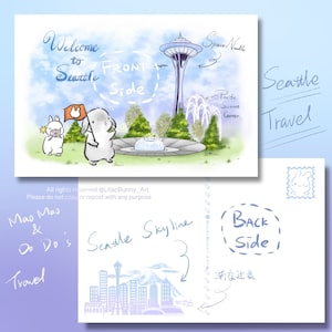 MaoMao and DoDo's Travel - Seattle, carte postale Space Needle, voeux de Seattle, Washington, carte postale lapin, art lapin lilas