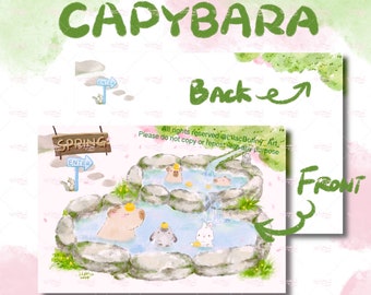 MaoMao e DoDo con i loro amici Capybara, Hot Spring, 水豚, Cartolina con stampa artistica di LilacBunny