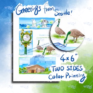 Saudações de Seattle, verão no cartão postal da cidade de Seattle, ganso do Canadá, cidade do relógio, SLU South Lake Union, arte de cartão postal de barco de caiaque de coelho
