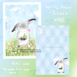 Stagione primaverile Ruota panoramica Tulipani Bunny, cartolina, carta scintillante, LilacBunny Art, stampa artistica