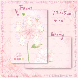 Salutations de la saison du printemps, carte postale de petite fée florale de lapin, dahlias, impression d'art de lilas