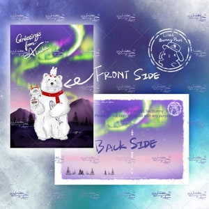 Carte postale de voeux au pôle Nord de l'Alaska, Aurora, lapin et ours polaire, Impression d'art LilasBunny