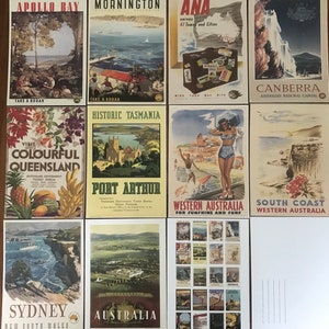 20 imágenes antiguas de viajes de Australia reproducidas en postales de calidad.