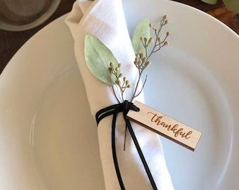 Thankful Tags- Thanksgiving Napkin Ring- One Dozen Engraved Wood